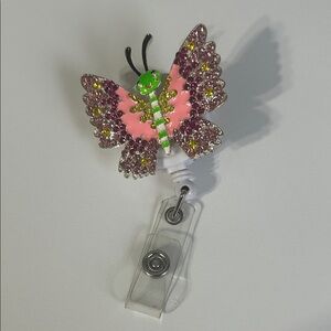 Sparkling Butterfly Badge Holder Clip - Pink and Green